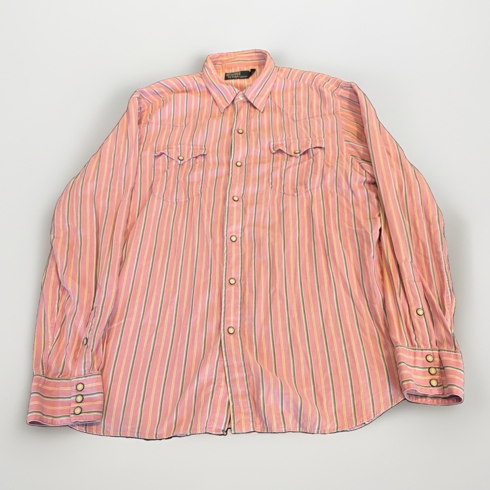 Vintage Polo Ralph Lauren Pearl Snap Shirt XL Pink Striped Long Sleeve Western